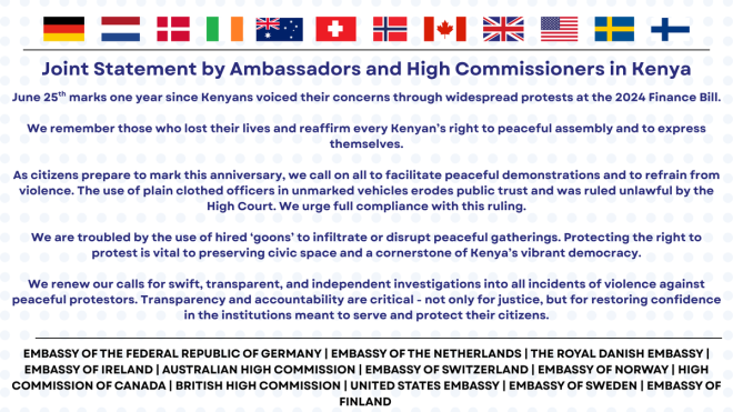 Ambassadors and High Commissioners demand RUTO's permission for peaceful protest: ICC threat looms! #OccupyStatehouse. — Ambassadors call for peaceful Protest, High Commissioners demand RUTO action, Youth targeted in ICC file, Statehouse Occupation planned, Peaceful demonstration urged by Ambassadors, RUTO asked to allow Protest, Commemoration in Peace sought by High Commissioners, ICC file opened for Youth, Wednesday demonstration planned, Statehouse Occupation scheduled.