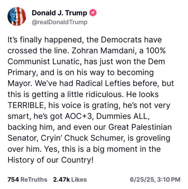 BREAKING: Trump Slams Democrats for Backing "100% Communist Lunatic" Zohran Mamdani in Primary — Zohran Mamdani primary win, Democratic Party line crossed