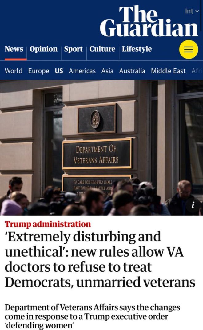 BREAKING: Trump’s VA allows doctors to deny care to Democrat veterans & unmarried soldiers - shocking discrimination revealed! —
Veteran healthcare discrimination
Political bias in VA treatment
Marital status healthcare discrimination