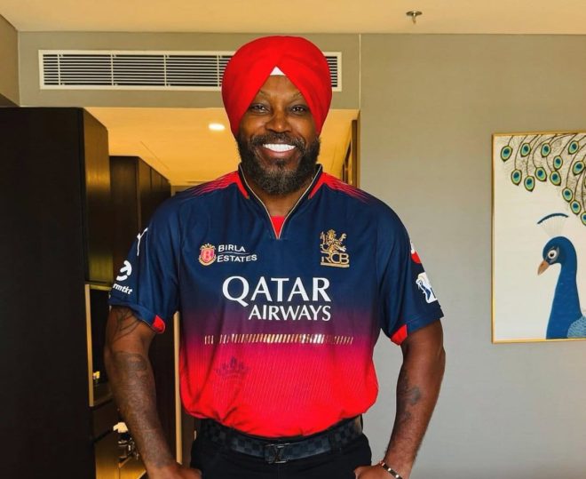 Chris Gayle Sparks Controversy in RCB Jersey and Turban! — Chris Gayle RCB fan moments, Universe Boss jersey collection 2025, Chris Gayle Punjab Kings support