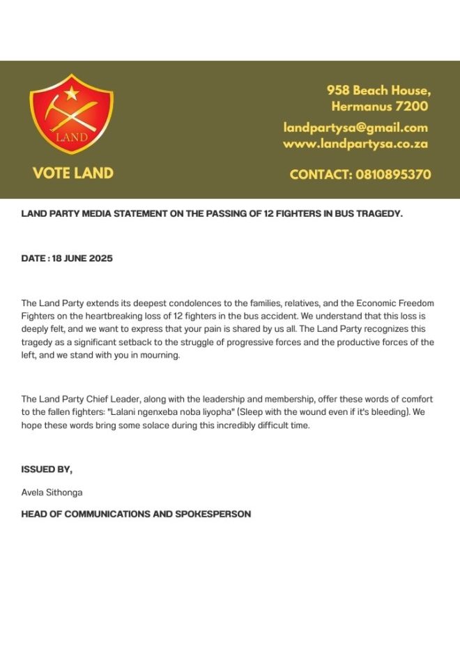 Death Announcement: LAND PARTY Mourns 12 Fighters in Tragedy
Our deepest condolences to @EFFSouthAfrica