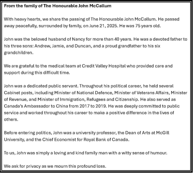 Death of Former Minister John McCallum at Age 75 Announced