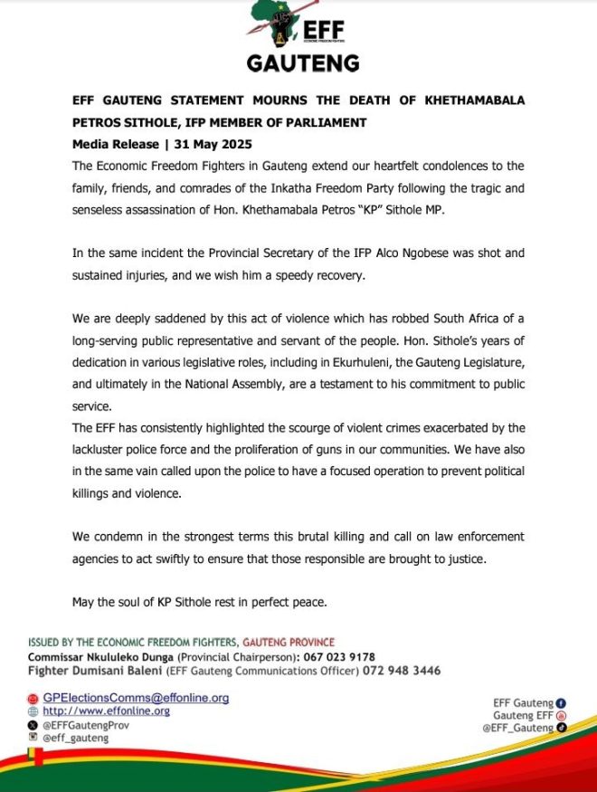 Death of Hon. KP Sithole: EFF Gauteng Condemns Violence
