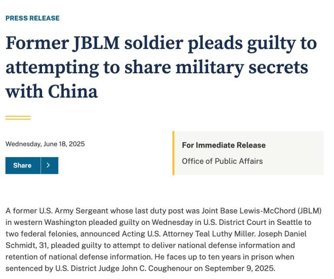 Ex-Soldier's Shocking Plea: Military Secrets for China? — military espionage case 2025, U.S. Army secrets leaked, Joseph Schmidt guilty plea
