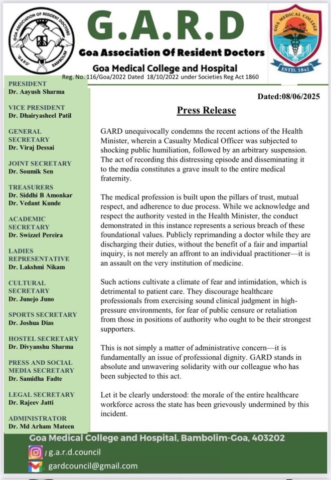 Goa Doctors Demand Action: Ultimatum or Indefinite Strike! — Resident doctors Goa strike, Goa Health Minister ultimatum, GARD protest 2025