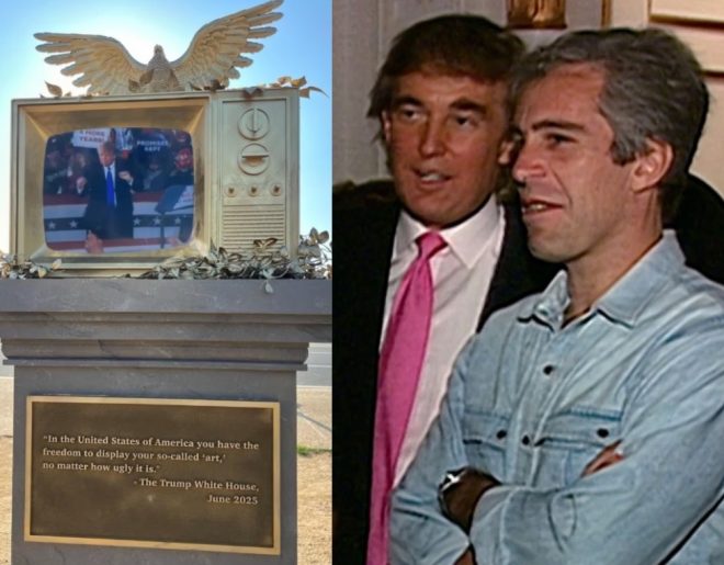 Golden TV Statue Sparks Outrage: Trump & Epstein Dance! — golden statue protest, Capitol Hill art installation, Trump Epstein controversy