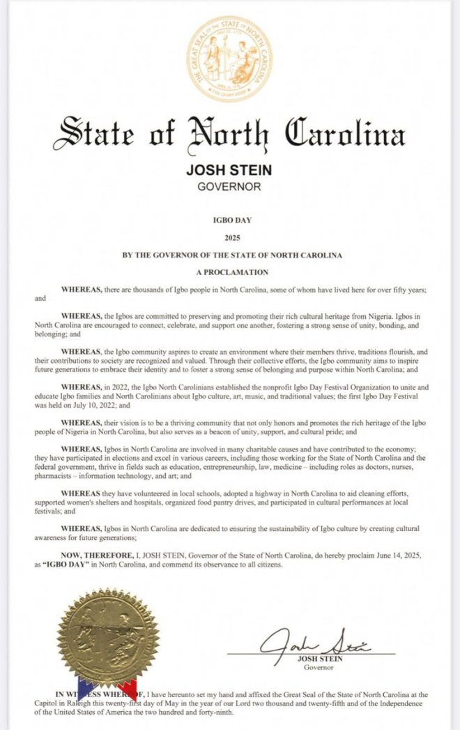 Governor Declares June 14 'IGBO DAY': Why the Controversy? — Governor of North Carolina Igbo celebration, North Carolina cultural heritage events, Igbo community recognition 2025