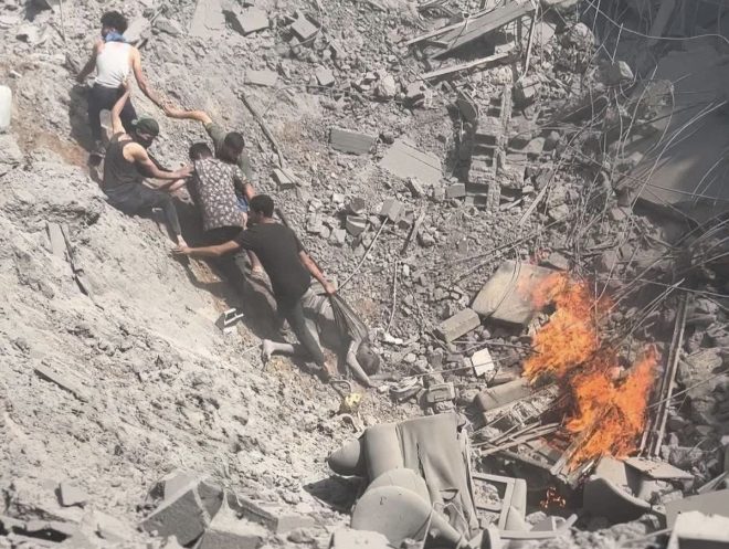Grim Reality: Five Men Battle a Bomb Crater After Tragedy — surreal war photography, humanitarian crisis imagery, bomb crater devastation