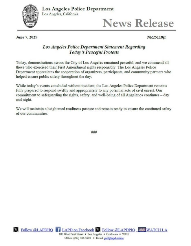 LA Protests: Are Police Downplaying Rising Tensions? — Los Angeles protest updates, LAPD peaceful demonstration statement, 2025 civil unrest news