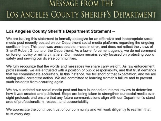 LA Sheriff Apologizes for Controversial Iran Bombing Post — Los Angeles Sheriff apology, U.S. bombing Iran backlash, social media condolences controversy