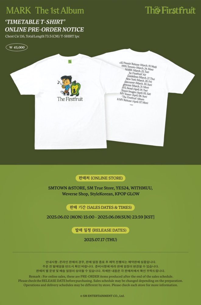 MARK's 'TIMETABLE T-SHIRT' from The 1st Album [The Firstfruit] Sparks Online Frenzy! Pre-Order Now Available on SMTOWN &STORE, SM True Store, and SMTOWN GLOBAL SHOP. Hurry, Limited Time Only! —  Mark Lee Album Merch, Timetable Shirt Pre-Order, SM True Store Exclusive
Mark Lee First Album Merchandise, Limited Edition Timetable Tee, SMTOWN Global Shop
Exclusive Mark Lee Merch, The Firstfruit Album Timetable T-Shirt, SMTOWN &STORE Online