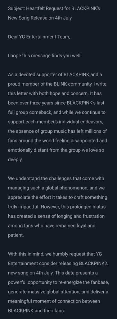 Mass Email YG: Blinks Demand July 4th Release! — Mass Email YG Entertainment, Raise Blinks Voices, BLACKPINK Fan Concerns
RELEASE THE SONG ON THE
JULY 4TH
@ygent_official
@BLACKPINK