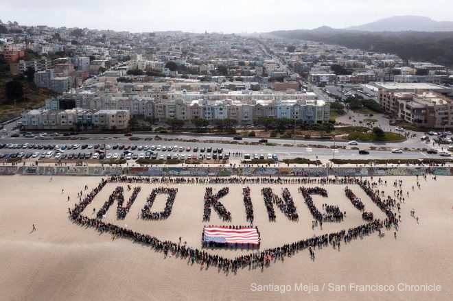 "Massive Human Banner Protest at Ocean Beach Sparks Controversy on #NoKingsDay - @sfchronicle" — San Francisco protest, Ocean Beach demonstration, Human banner formation