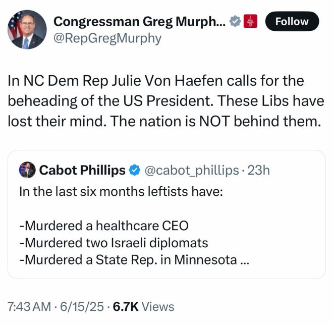 NC Rep Greg Murphy: Dem Calls for Trump's Beheading! — North Carolina political controversy, Greg Murphy Trump comments, Julie von Haefen beheading image
