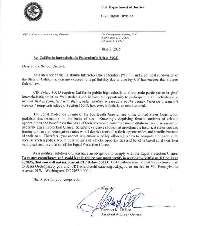 New DOJ Ultimatum: Protect Girls' Sports or Face Federal Cuts! — DOJ Title IX compliance California, federal funding loss Title IX 2025, Equal Protection Clause sports rights