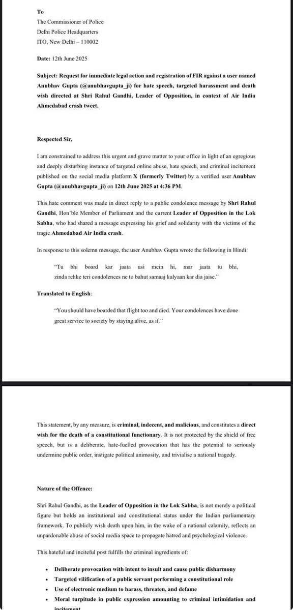 Outrage: Complaint Filed Against User for Abusive Attack! — Filed complaint against abuse, Delhi Police complaint procedures, Rahul Gandhi condolence message response