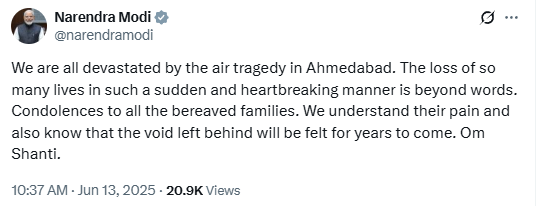 PM Modi Expresses Grief Over Death in Ahmedabad Air Tragedy