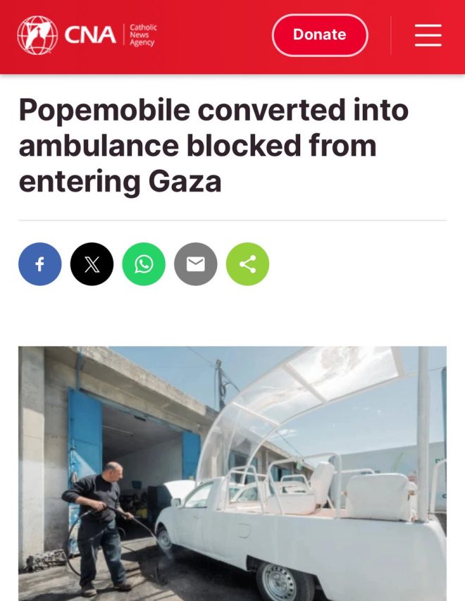 "Pope Francis' Final Act: Donates Popemobile to Gaza Children, Israel Blocks Entry" —  Pope Francis donation, Gaza mobile clinic, Israeli blockade on Gaza