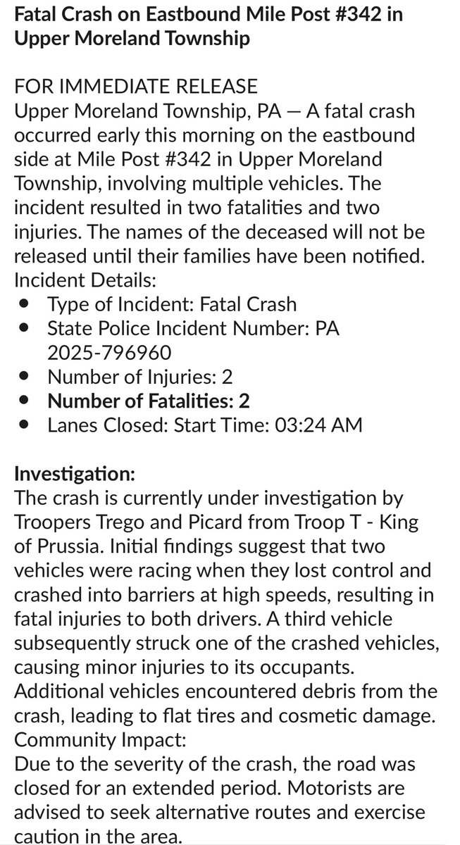 Racing Tragedy: Two Drivers Die in Pennsylvania Turnpike Crash — high-speed crash Pennsylvania Turnpike, fatal racing accident Upper Moreland, reckless driving Willow Grove Exchange