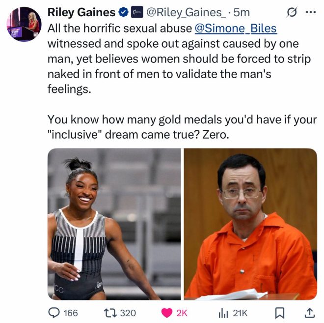 "Riley Gaines Exposes Simone Biles' Hypocrisy, Ends Career by Advocating for Men in Women's Sports! 🚨😱" —  
Shocking revelation in women's sports
Game-changing controversy in athletics
Explosive expose in sports industry