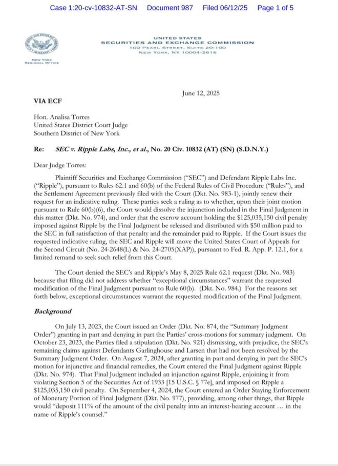 SEC & Ripple's Shocking Proposal: $125M at Stake! — Ripple SEC lawsuit, Manhattan court injunction, civil penalty release 2025