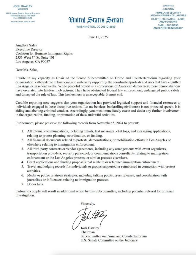 Senator Hawley Investigates LA Riots' Mysterious Funders! — Senator Hawley investigation, LA riots funding inquiry, Coalition for Humane Immigrant Rights documents