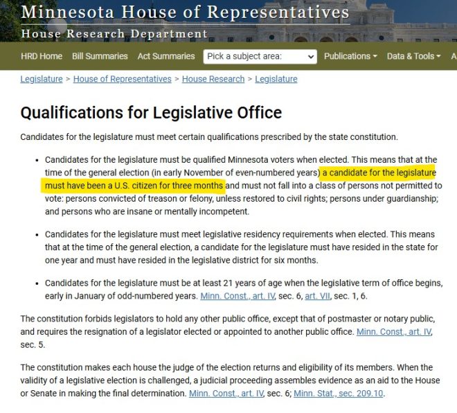 Shocking Admission: Minnesota Rep. Is an Illegal Alien! — U.S. Citizenship Requirements for Officeholders Minnesota, Minnesota Political Eligibility Laws, Illegal Immigration and Office in Minnesota
