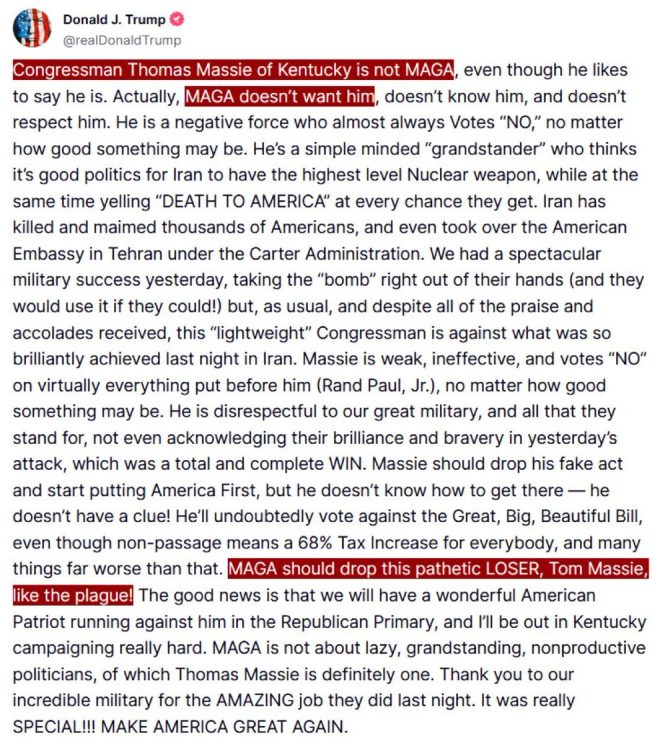 Trump Calls MAGA's Massie a 'Pathetic Loser' Over War! — Trump Massie feud, MAGA anti-war stance, betrayal in GOP 2025