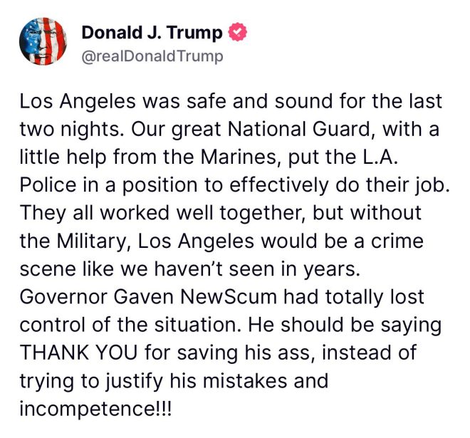 Trump: LA's Safety Thanks to Marines, Not Newsom! — Trump praises LA safety, National Guard deployment in Los Angeles, Gavin Newsom response to Trump