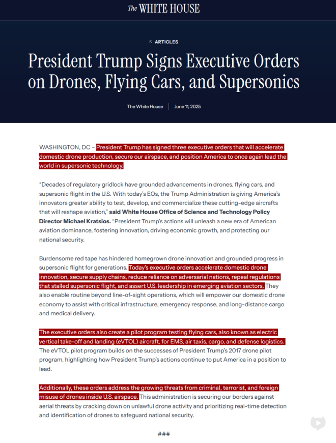 Trump's Controversial Move: Accelerating Domestic Drone Production for Flying Cars - EMS, Air Taxis, Cargo, and Defense! — Trump administration drone manufacturing push, aerial vehicle production boost
Domestic UAV assembly order, flying car development initiative
