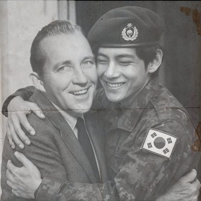 "V Receives Controversial Welcome Home Serenade from Bing Crosby - #SEE_V_TODAY" — BTS V return, Purple heart welcome, Kpop idol comeback