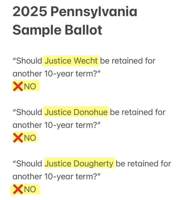 Vote NO to Retain 3 Dem Justices in PA This November! — Pennsylvania Supreme Court election, vote against Democrat justices, November 2025 ballot initiatives