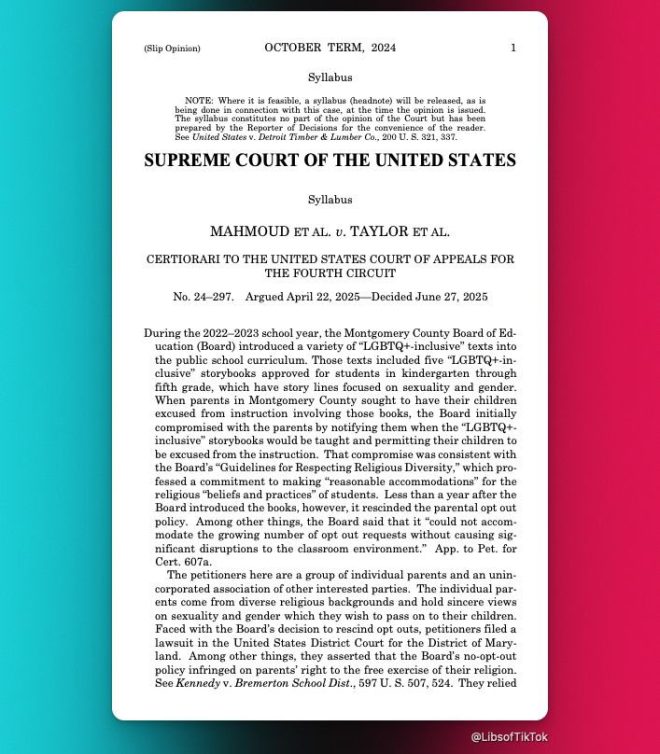 parental rights and religious beliefs. — SCOTUS ruling LGBTQ+ books, opt-out violation, Elementary school parental rights
Supreme Court decision, Montgomery County School Board, Free Exercise Clause
Parental notification, opt-out rights, LGBTQ+ storybooks in schools