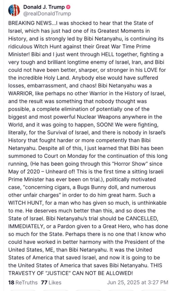 — Bibi Netanyahu trial cancellation, US intervention
Netanyahu pardon request, American support 2025