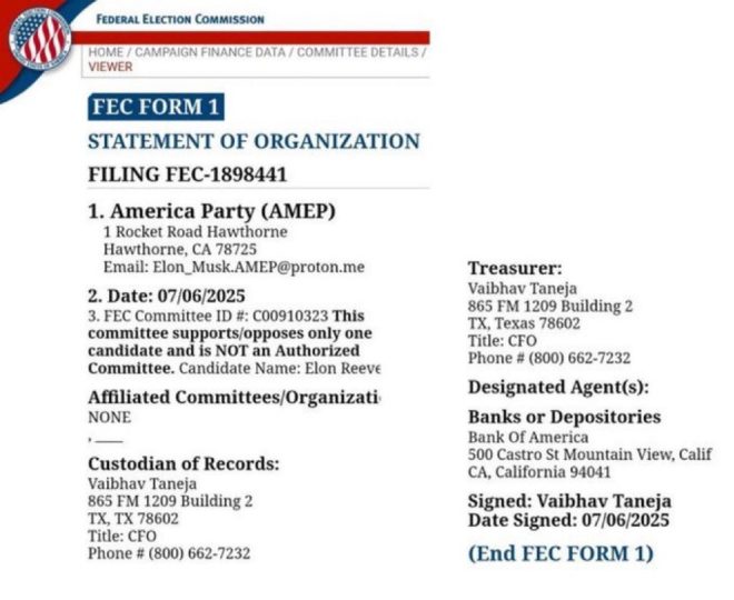 "💥BREAKING: Elon Musk Behind Creation of America Party (AMEP) According to FEC Filing!" — Elon Musk political party, FEC filing discovery, America Party creation
