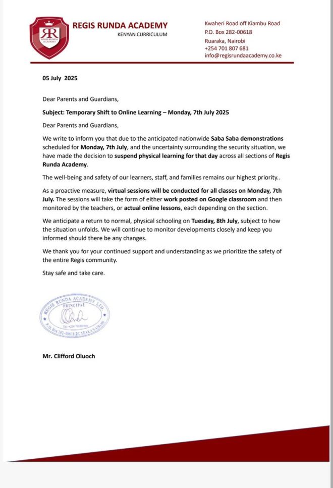 🚨 BREAKING: Regis Runda Academy Halts Classes Amid Saba Saba Chaos! 77NiNumbers — Regis Runda Academy news, Saba Saba protests update, school closures 2025