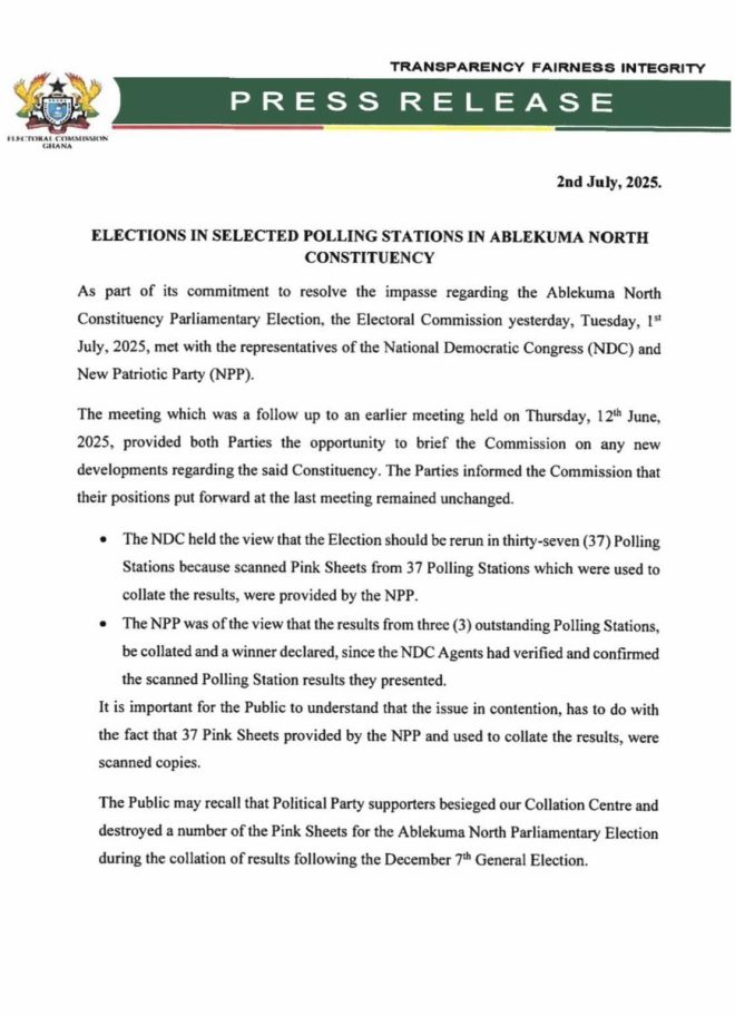 Breaking: Election Rerun Sparks Outrage in Ablekuma North! —  Election rerun in Ghana, Ablekuma North election disputes, EC decision on polling stations 2025
