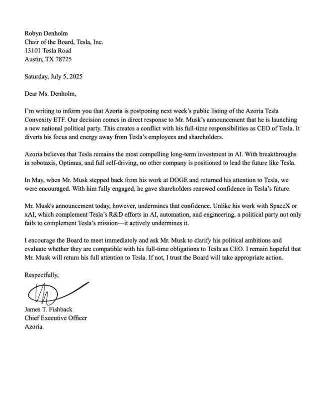Breaking: Major Firm Pulls Tesla Support Over Musk's Politics! — Elon Musk investment news, Tesla stock controversy, Azoria ETF delay