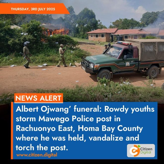 Chaos Erupts: Youths Torch Police Post Over Ojwang’s Death! —  Rowdy youths protest in Homa Bay, Mawego Police station vandalism incident, Rachuonyo East unrest 2025