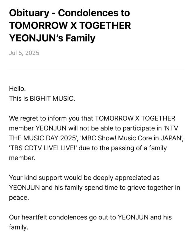 Death Notice: Condolences to YEONJUN’s Family
YEONJUN unable to join Japan schedule due to family loss