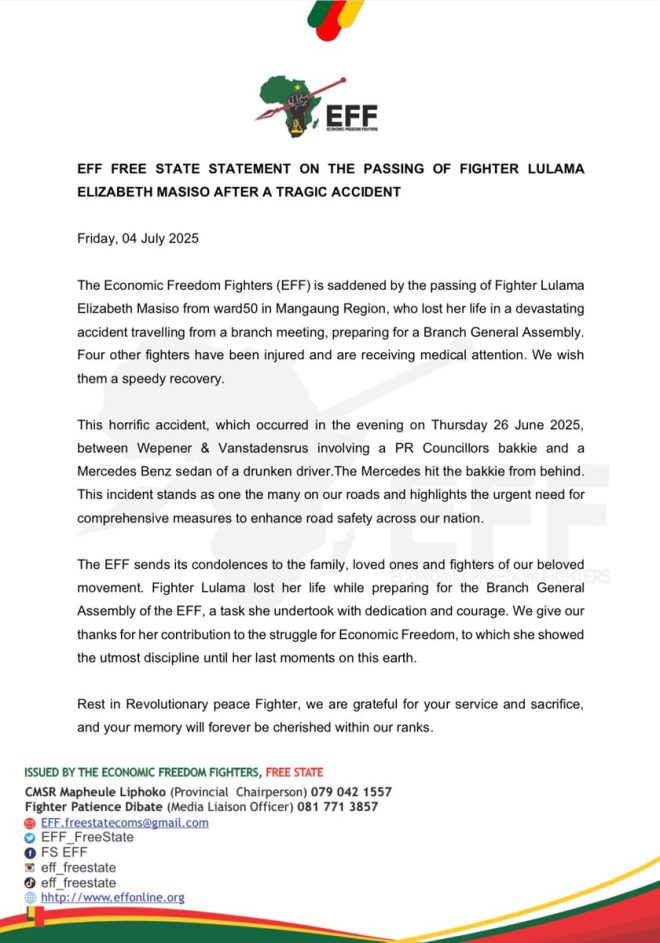 Death of Fighter Lulama Masiso: EFF Free State Mourns Loss