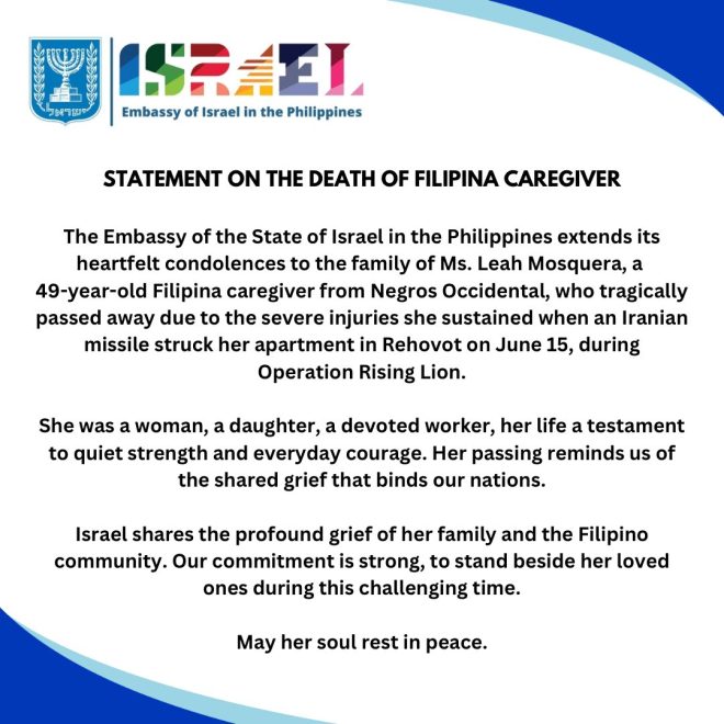 Death of Filipina Caregiver Leah Mosquera in Missile Strike