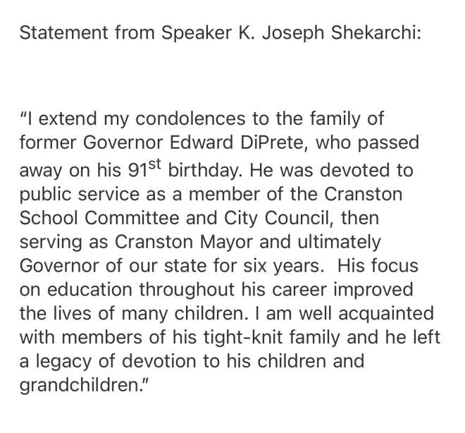 Death of Former Gov. Ed DiPrete at Age 91: A Statement from Joe Shekarchi