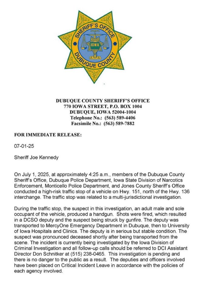 Deputy Shot in High-Stakes Traffic Stop: What Went Wrong? — Dubuque County law enforcement news, Iowa deputy shooting incident, Highway 151 traffic stop shooting 2025