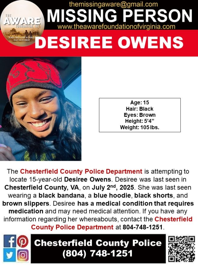 MISSING: 15-Year-Old Desiree Owens Vanishes in VA! —  MISSING TEENAGER CHESTERFIELD VA, DISAPPEARED YOUTH CHESTERFIELD COUNTY, FIND MISSING CHILD CHESTERFIELD VA