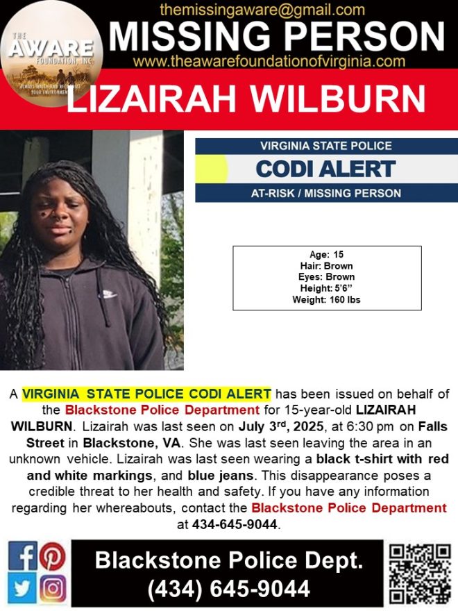 Missing Teen in Blackstone: What Happened to Lizairah? — missing teenager Blackstone VA, Virginia State Police alert 2025, Blackstone Police Department news