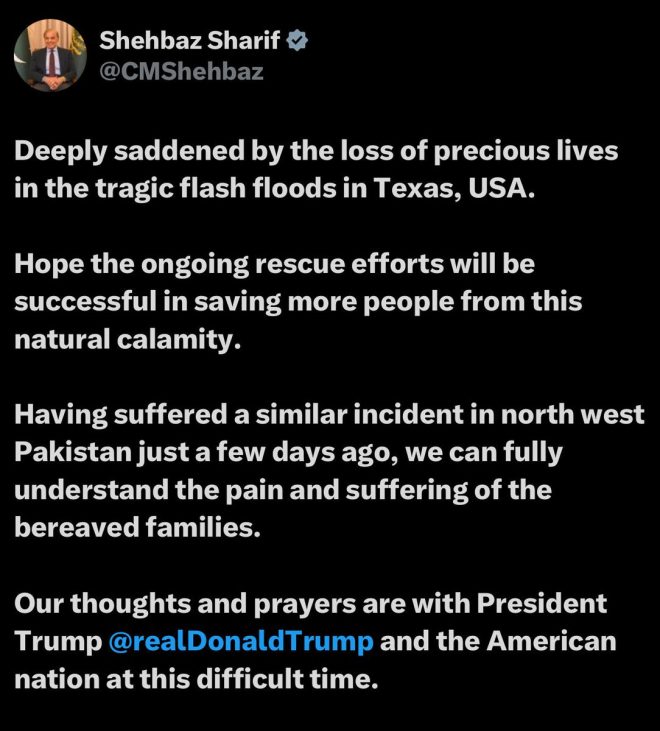 Pakistan PM Expresses Grief Over Deaths in Texas Floods