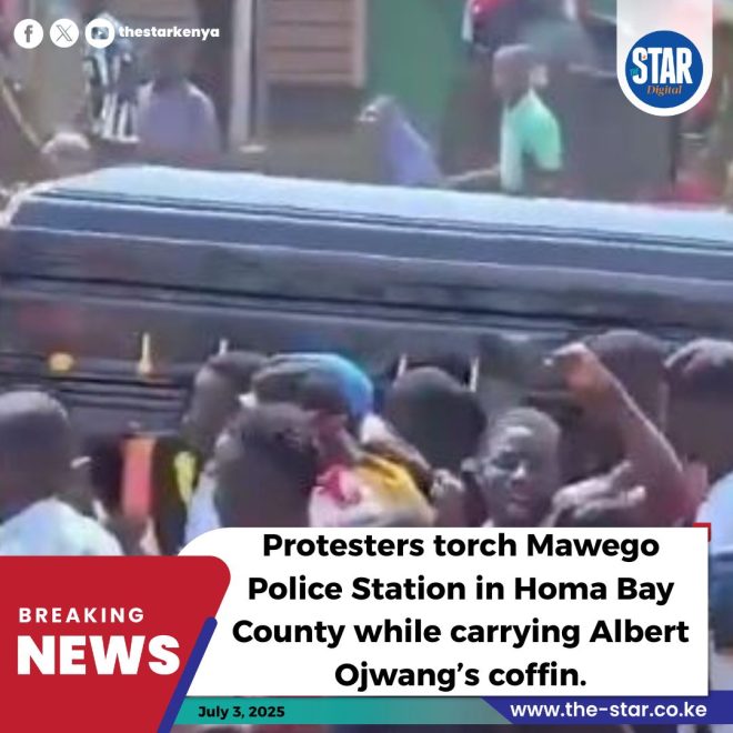 Protesters Torch Police Station Over Controversial Death! —  Homa Bay protests July 2025, Mawego Police Station fire incident, Albert Ojwang funeral unrest