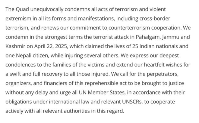 QUAD's Bold Stance: Justice Demanded for Pahalgam Attack! —  QUAD nations condemn terrorism in India, QUAD meeting Washington DC 2025, Pahalgam attack justice response