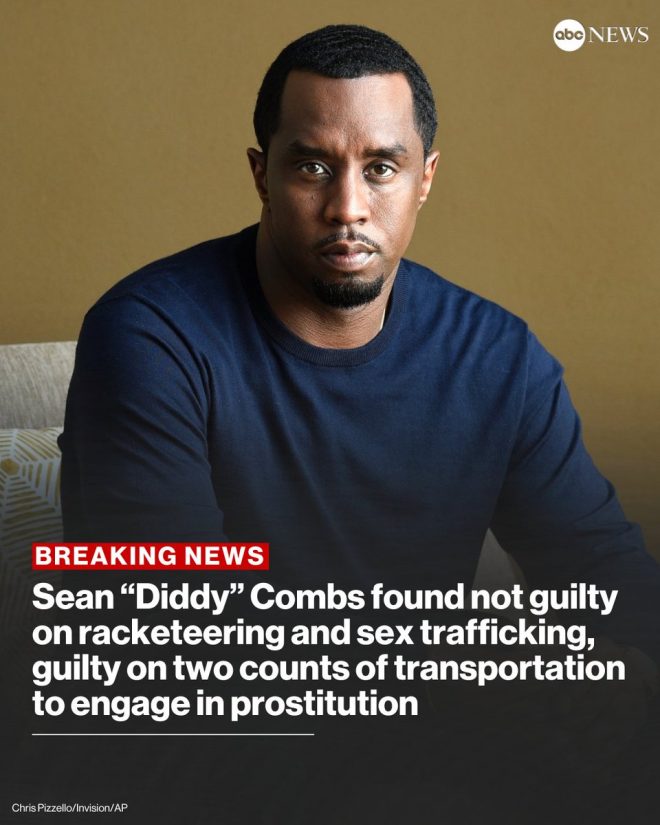 "SHOCKING VERDICT: Diddy found not guilty of racketeering, guilty on prostitution charges! Tune in for details now!" —  Sean Combs acquitted, prostitution charges, Diddy verdict update
Celebrity news, legal trouble, music mogul trial
Breaking news, entertainment industry, criminal charges dropped